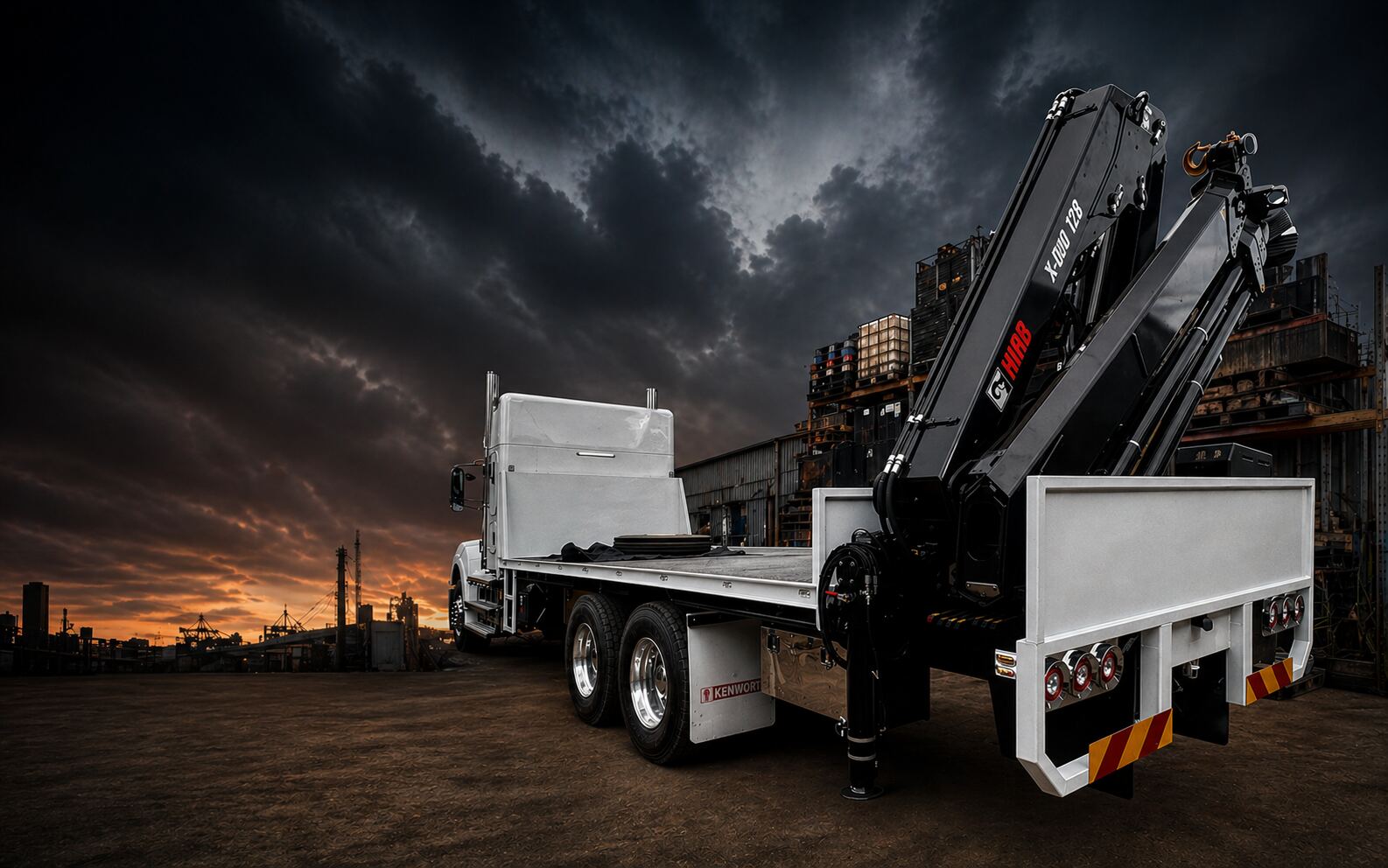 Red truck-mounted hydraulic loader crane fully extended at dusk